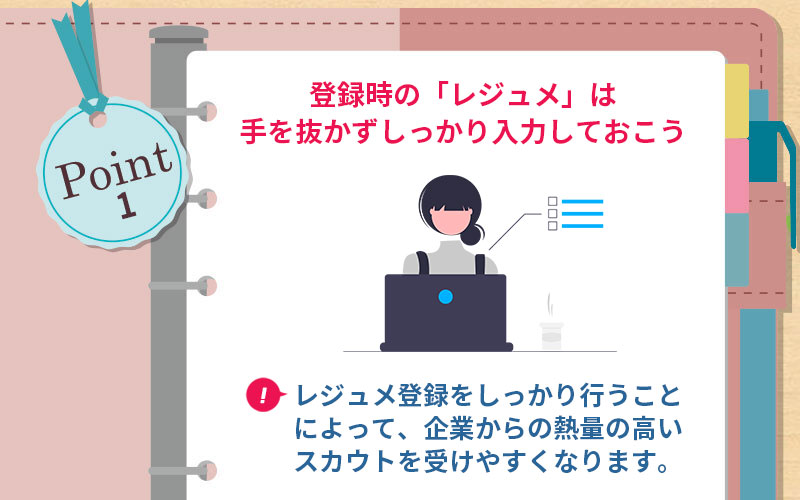 POINT1 登録時の「レジュメ」は手を抜かずしっかり入力しておこう ■レジュメ登録をしっかり行うことによって、企業からの熱量の高いスカウトを受けやすくなります。