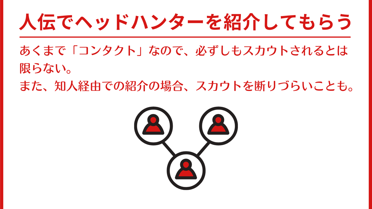 人伝でヘッドハンターを紹介してもらう:あくまで「コンタクト」なので、必ずしもスカウトされるとは限らない。また、知人経由での紹介の場合、スカウトを断りづらいことも。