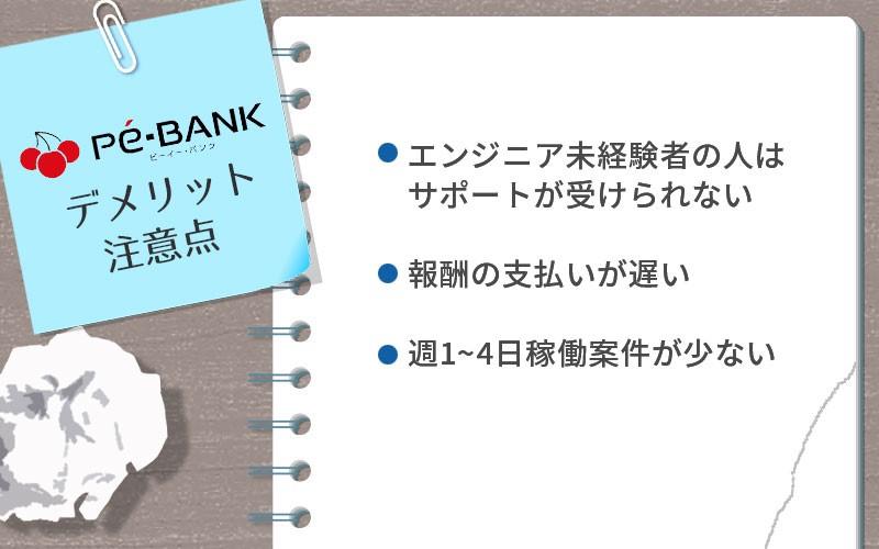 PE-BANKデメリット・注意点 ■エンジニア未経験者はサポートが受けられない ■報酬の支払いが遅い■週1~4日稼働案件が少ない