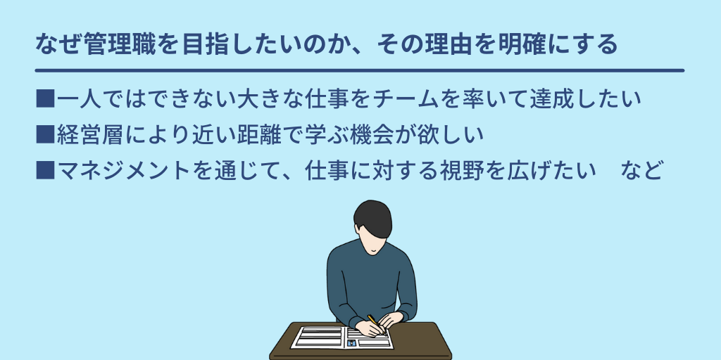 なぜ管理職を目指したいのか、その理由を明確にする:■一人ではできない大きな仕事をチームを率いて達成したい ■経営層により近い距離で学ぶ機会が欲しい ■マネジメントを通じて、仕事に対する視野を広げたい など