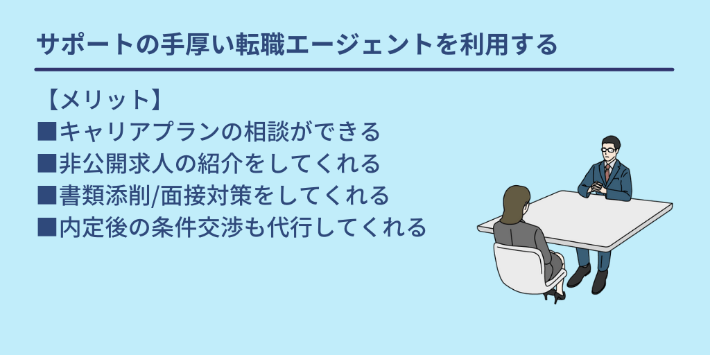 サポートの手厚い転職エージェントを利用する:【メリット】■キャリアプランの相談ができる ■非公開求人の紹介をしてくれる ■書類添削/面接対策をしてくれる ■内定後の条件交渉も代行してくれる