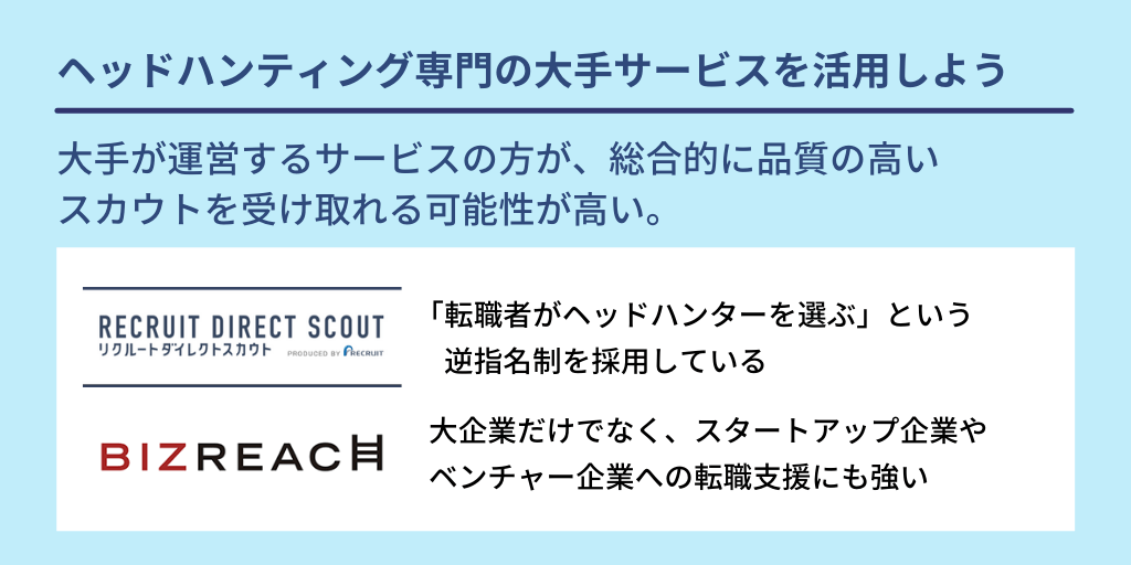 ヘッドハンティング専門の大手サービスを活用しよう:大手が運営するサービスの方が、総合的に品質の高いスカウトを受け取れる可能性が高い。 ■リクルートダイレクトスカウト:「転職者がヘッドハンターを選ぶ」という逆指名制を採用している ■ビズリーチ:大企業だけでなく、スタートアップ企業やベンチャー企業への転職支援にも強い