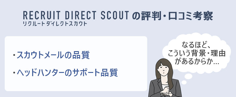 リクルートダイレクトスカウトの口コミ評価考察 ●スカウトメールの品質 ●ヘッドハンターのサポート品質