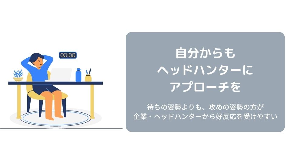 自分からもヘッドハンターに
アプローチを 待ちの姿勢よりも、攻めの姿勢の方が企業・ヘッドハンターから好反応を受けやすい