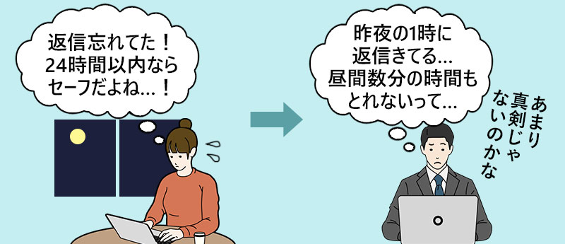 「返信忘れてた!24時間以内ならセーフだよね…!」「昨夜の1時に返信きてる…昼間数分の時間もとれないって…」