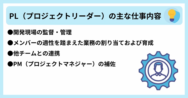 PL(プロジェクトリーダー)の主な仕事内容 ●開発現場の監督・管理 ●メンバーの適性を踏まえた業務の割り当ておよび育成 ●他チームとの連携 ●PM(プロジェクトマネジャー)の補佐