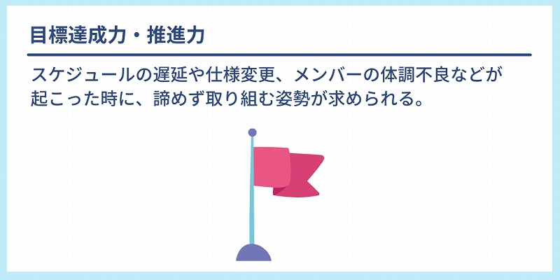 目標達成力・推進力:スケジュールの遅延や仕様変更、メンバーの体調不良などが起こった時に、諦めず取り組む姿勢が求められる。