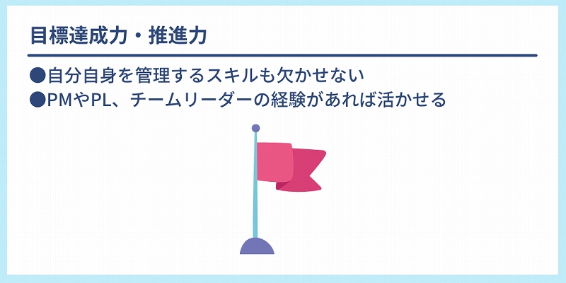 目標達成力・推進力:●自分自身を管理するスキルも欠かせない ●PMやPL、チームリーダーの経験があれば活かせる