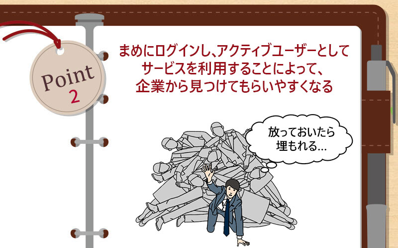 まめにログインし、アクティブユーザーとしてサービスを利用することによって、企業から見つけてもらいやすくなる