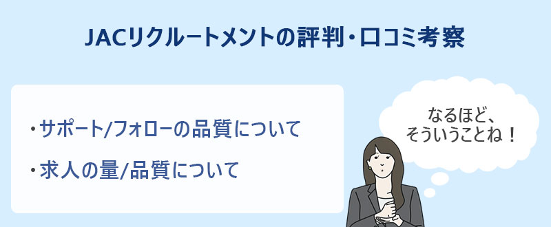 JACリクルートメントの口コミ評価考察 ●サポート/フォローの品質について ●求人の量/品質について