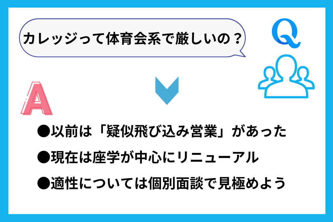 Q.カレッジって体育会系で厳しいの? A.●以前は「疑似飛び込み営業」があった ●現在は座学が中心にリニューアル ●適性については個別面談で見極めよう