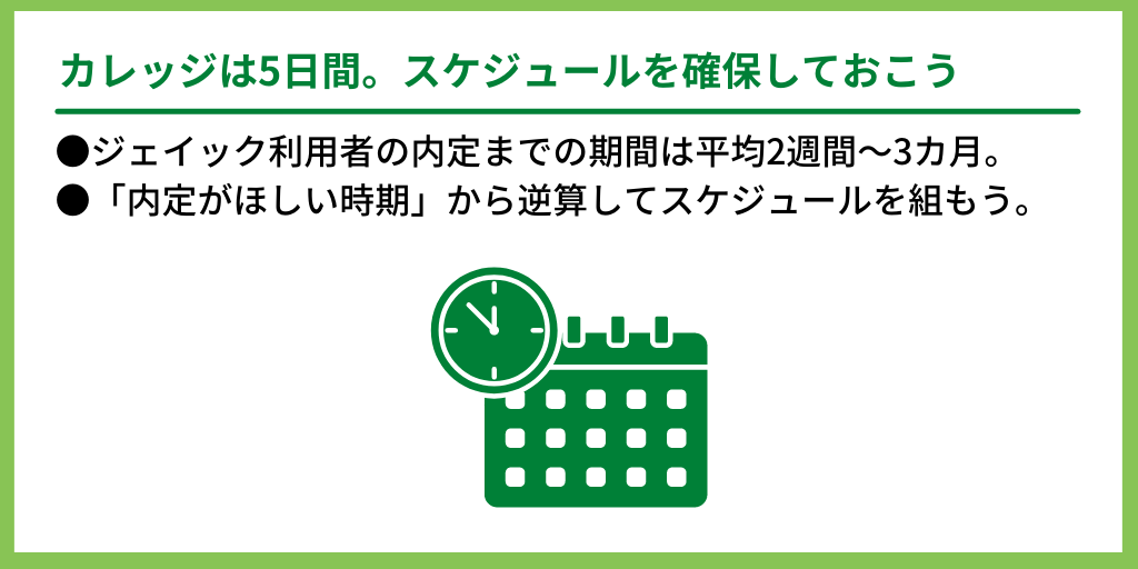 カレッジは5日間。スケジュールを確保しておこう:●ジェイック利用者の内定までの期間は平均2週間~3カ月。 ●「内定がほしい時期」から逆算してスケジュールを組もう。