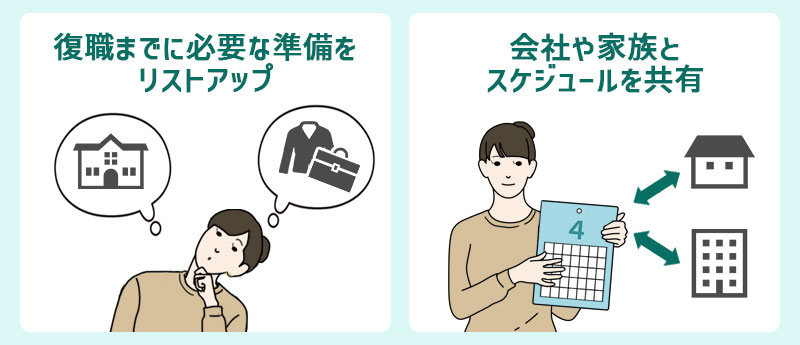復職までに必要な準備をリストアップ。会社や家族とスケジュールを共有。