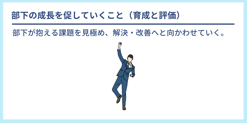 部下の成長を促していくこと(育成と評価):部下が抱える課題を見極め、解決・改善へと向かわせていく。