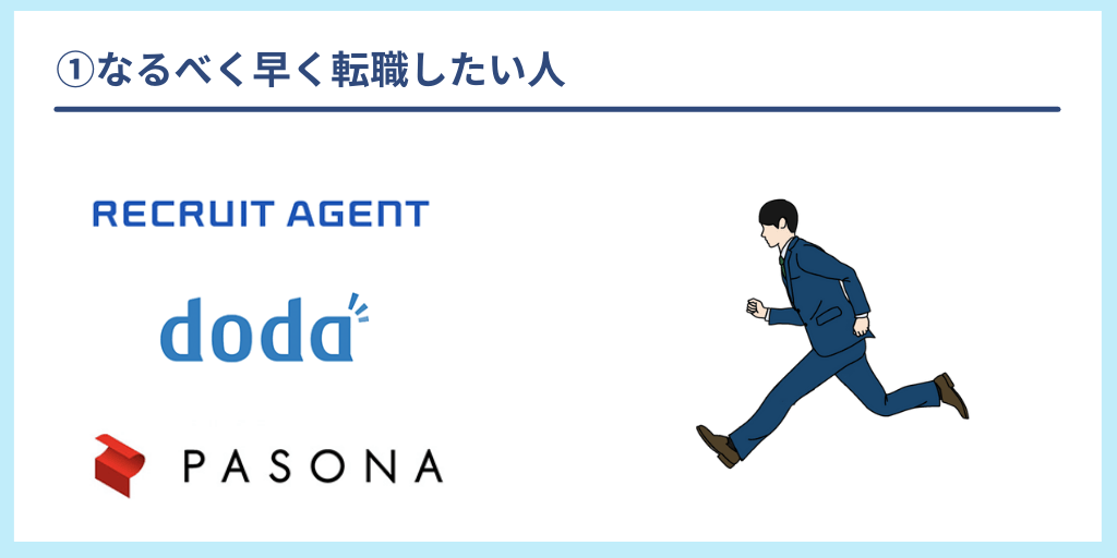 ①なるべく早く転職したい人:リクルートエージェント、doda、パソナキャリア
