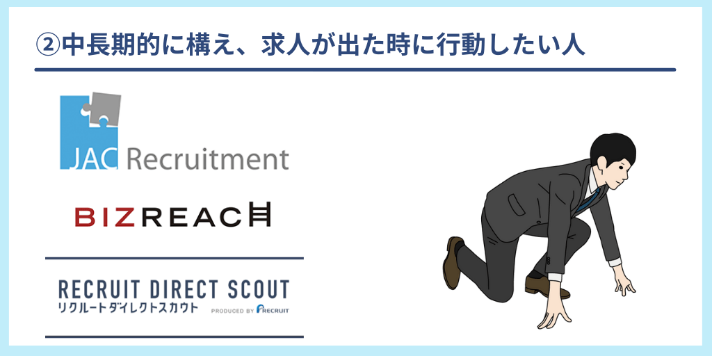 ②中長期的に構え、求人が出た時に行動したい人:JACリクルートメント、ビズリーチ、リクルートダイレクトスカウト
