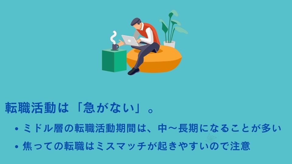 転職活動は「急がない」。●ミドル層の転職活動期間は、中~長期になることが多い ●焦っての転職はミスマッチが起きやすいので注意