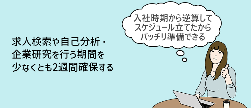 求人検索や自己分析・企業研究を行う期間を少なくとも2週間確保する