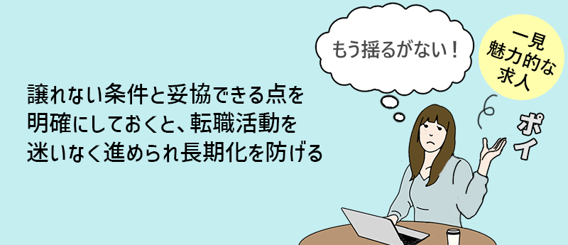 譲れない条件と妥協できる点を明確にしておくと、転職活動を迷いなく進められ長期化を防げる