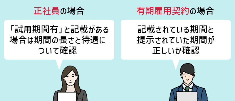 正社員の場合…「試用期間有」と記載がある場合は期間の長さと待遇について確認。有期雇用契約の場合…記載されている期間と提示されていた期間が正しいか確認