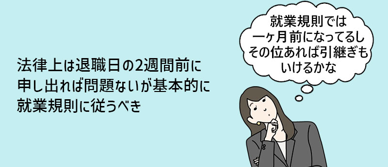 法律上は退職日の2週間前に申し出れば問題ないが基本的に就業規則に従うべき
