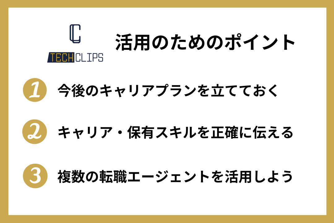 TechClipsエージェント活用のためのポイント ①今後のキャリアプランを立てておく ②キャリア・保有スキルを正確に伝える ③複数の転職エージェントを活用しよう