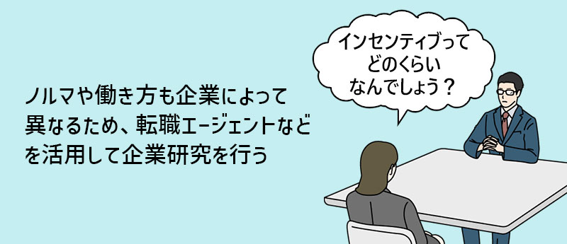 ノルマや働き方も企業によって異なるため、転職エージェントなどを活用して企業研究を行う
