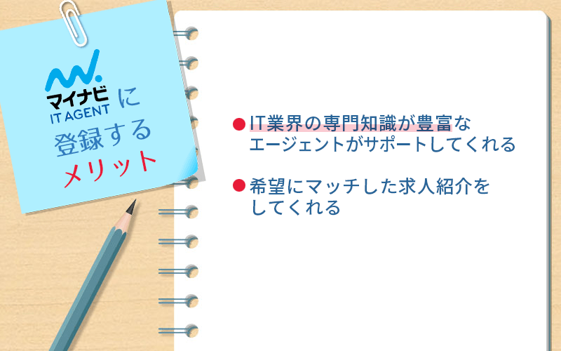 マイナビIT AGENTに登録するメリット。 ■IT業界の専門知識が豊富なエージェントがサポートしてくれる ■希望にマッチした求人紹介をしてくれる