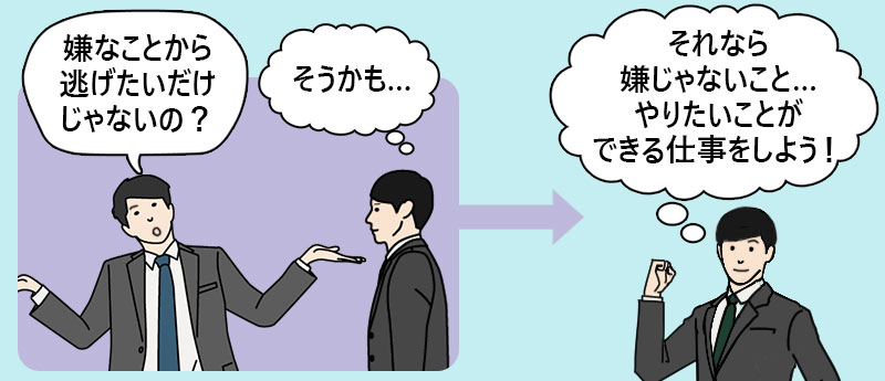「嫌なことから逃げたいだけじゃないの?」「そうかも...」→それなら嫌じゃないこと...やりたいことができる仕事をしよう!