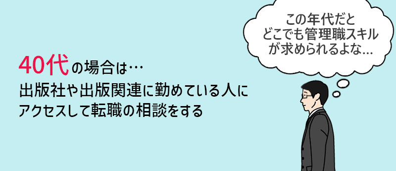 40代の場合は…出版社や出版関連に勤めている人にアクセスして転職の相談をする