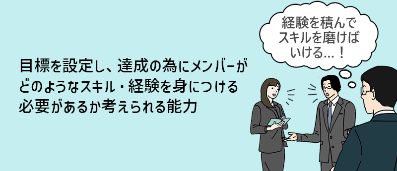 目標を設定し、達成の為にメンバーがどのようなスキル・経験を身につける必要があるか考えられる能力