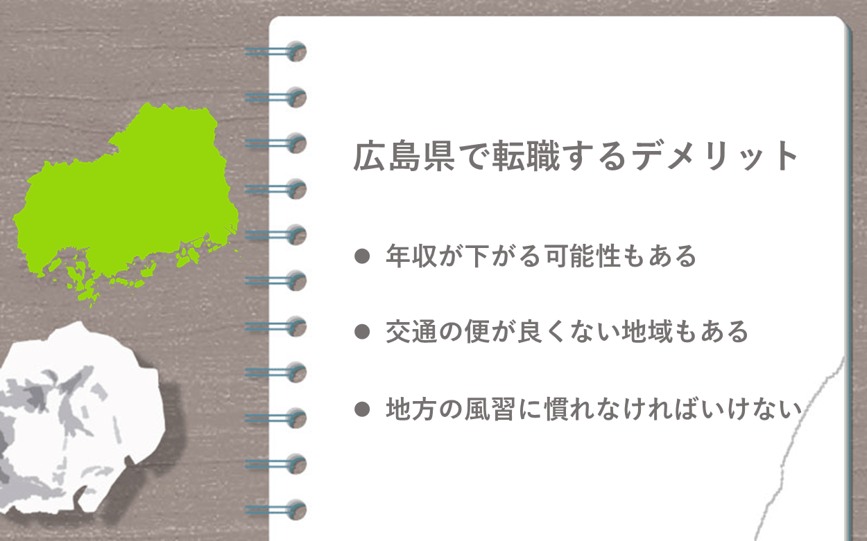 広島県で転職するデメリット ●年収が下がる可能性もある ●交通の便が良くない地域もある ●地方の風習に慣れなければいけない