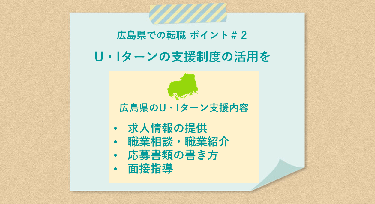 広島県での転職 ポイント#2 ●U・Iターンの支援制度の活用を ●広島県のU・Iターン支援内容:求人情報の提供、職業相談・職業紹介、応募書類の書き方、面接指導