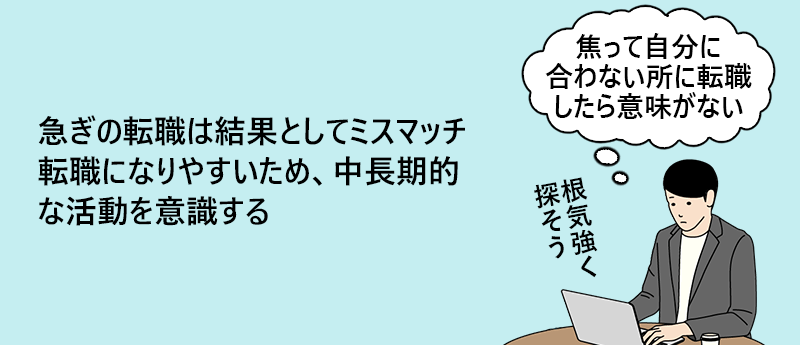 急ぎの転職は結果としてミスマッチ転職になりやすいため、中長期的な活動を意識する