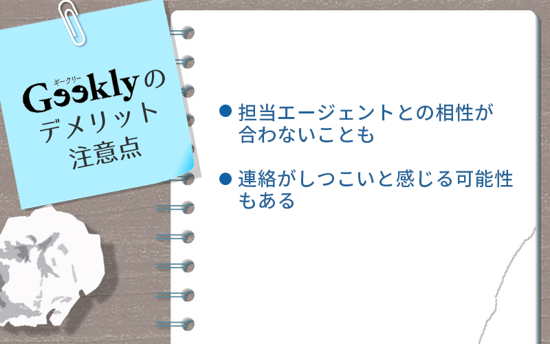 ギークリーのデメリット・注意点 ●担当エージェントとの相性が合わないことも ●連絡がしつこいと感じる可能性もある