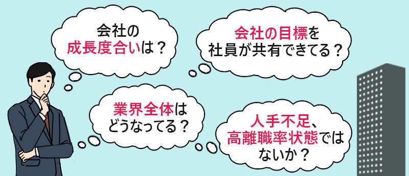 会社の成長度合いは?会社の目標を社員が共有できてる?業界全体はどうなってる?人手不足、高離職率状態ではないか?