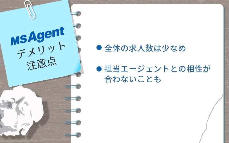 MS-Japanのデメリット・注意点 ●全体の求人数は少なめ ●担当エージェントとの相性が合わないことも