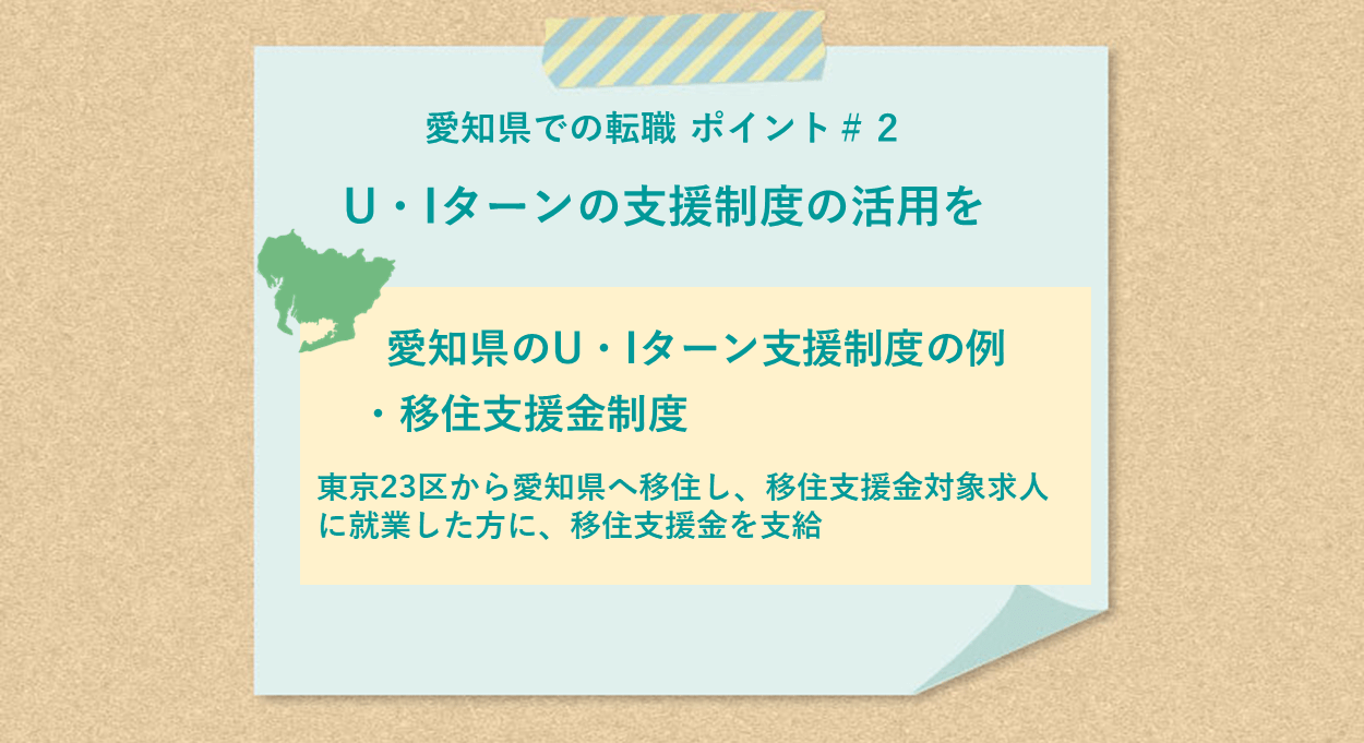 愛知県での転職 ポイント#2 U・Iターンの支援制度の活用を ●愛知県のU・Iターン支援制度の例: ・移住支援金制度→東京23区から愛知県へ移住し、移住支援金対象求人に就業した方に、移住支援金を支給