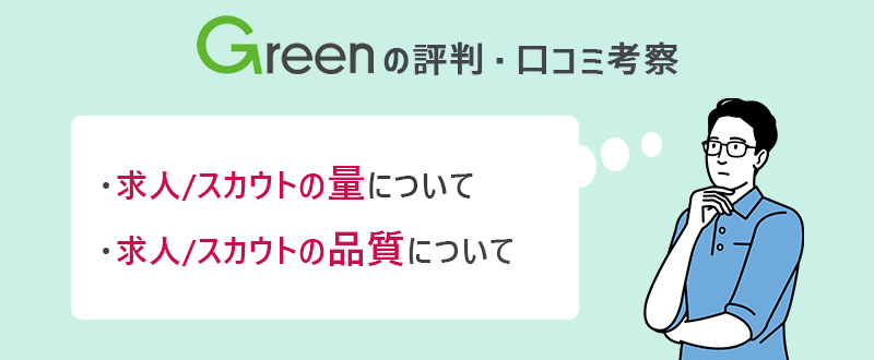 Greenの評価・口コミ考察 ●求人/スカウトの量について ●求人/スカウトの品質について