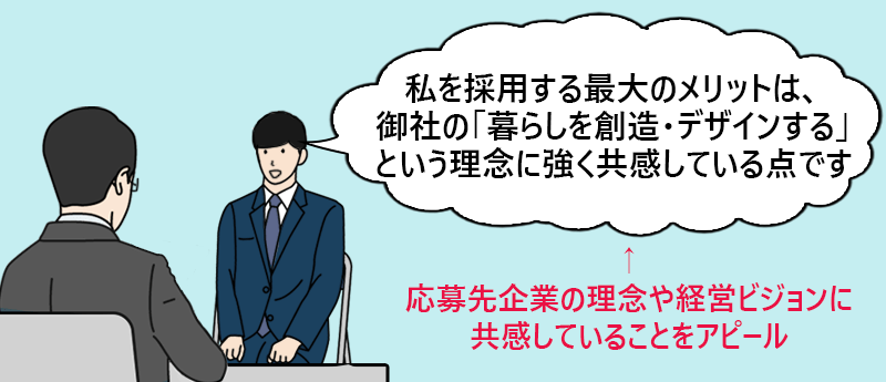 ”私を採用する最大のメリットは、御社の「暮らしを創造・デザインする」という理念に強く共感している点です”