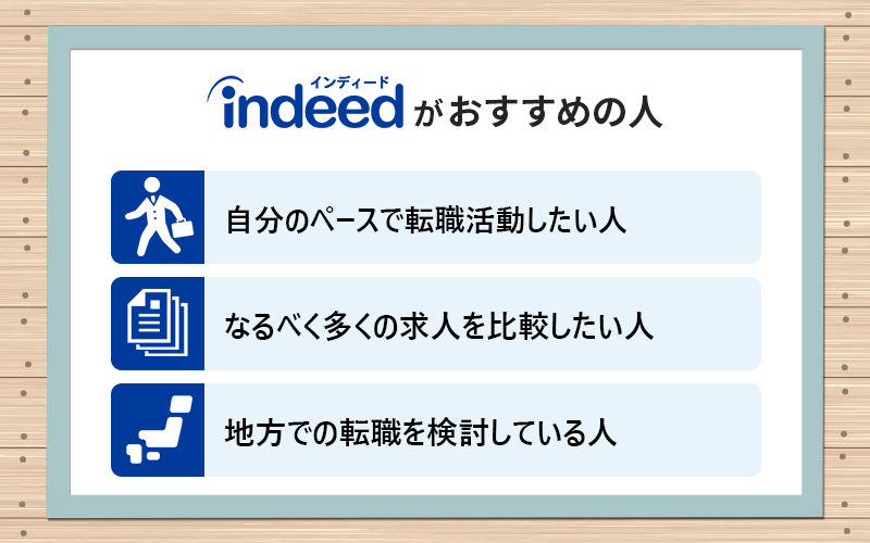indeedがおすすめの人 ●自分のペースで転職活動したい人 ●なるべく多くの求人を比較したい人 ●地方での転職を検討している人