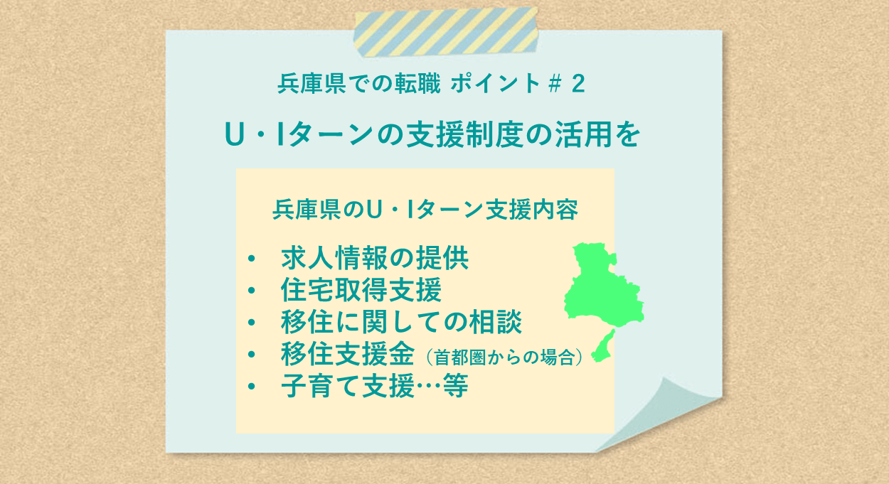 兵庫県での転職 ポイント#2 U・Iターンの支援制度の活用を ●兵庫県のU・Iターン支援制度支援内容 ・求人情報の提供 ・住宅取得支援 ・移住に関しての相談 ・移住支援金(首都圏からの場合) ・子育て支援…等