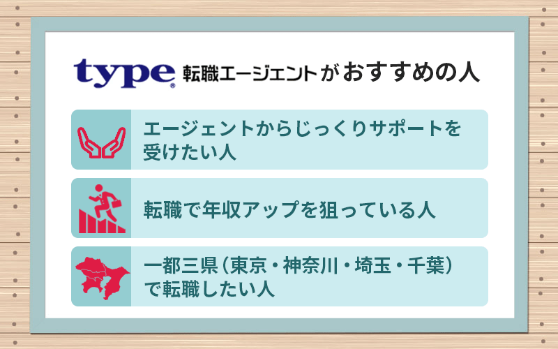type転職エージェントがおすすめの人 ●エージェントからじっくりサポートを受けたい人 ●転職で年収アップを狙っている人 ●一都三県(東京・神奈川・埼玉・千葉)で転職したい人
