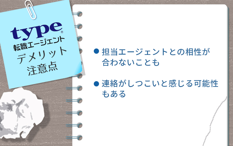 type転職エージェントのデメリット・注意点 ●担当エージェントとの相性が合わないことも ●連絡がしつこいと感じる可能性もある