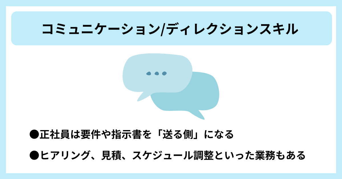 コミュニケーション/ディレクションスキル|●正社員は要件や指示書を「送る側」になる ●ヒアリング、見積、スケジュール調整といった業務もある