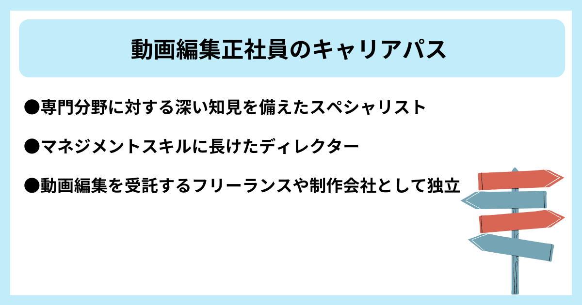 動画編集正社員のキャリアパス|●専門分野に対する深い知見を備えたスペシャリスト ●マネジメントスキルに長けたディレクター ●動画編集を受託するフリーランスや制作会社として独立
