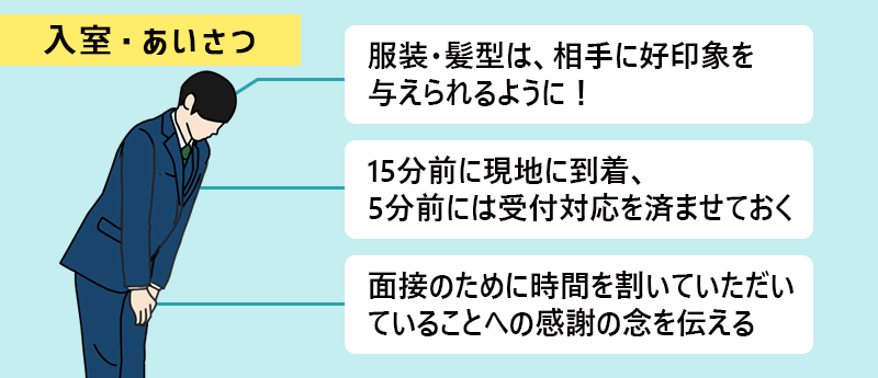 ●服装・髪型は、相手に好印象を与えられるように! ●15分前に現地に到着、5分前には受付対応を済ませておく ●面接のために時間を割いていただいていることへの感謝の念を伝える