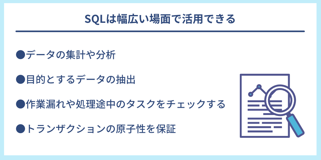 SQLは幅広い場面で活用できる|●データの集計や分析 ●目的とするデータの抽出 ●作業漏れや処理途中のタスクをチェックする ●トランザクションの原子性を保証