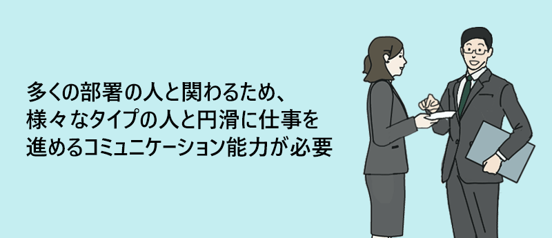 多くの部署の人と関わるため、様々なタイプの人と円滑に仕事を進めるコミュニケーション能力が必要