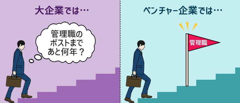 大企業では…→「管理職のポストまであと何年?」ベンチャー企業では…→入社数年後には管理職のポストが見えている状態